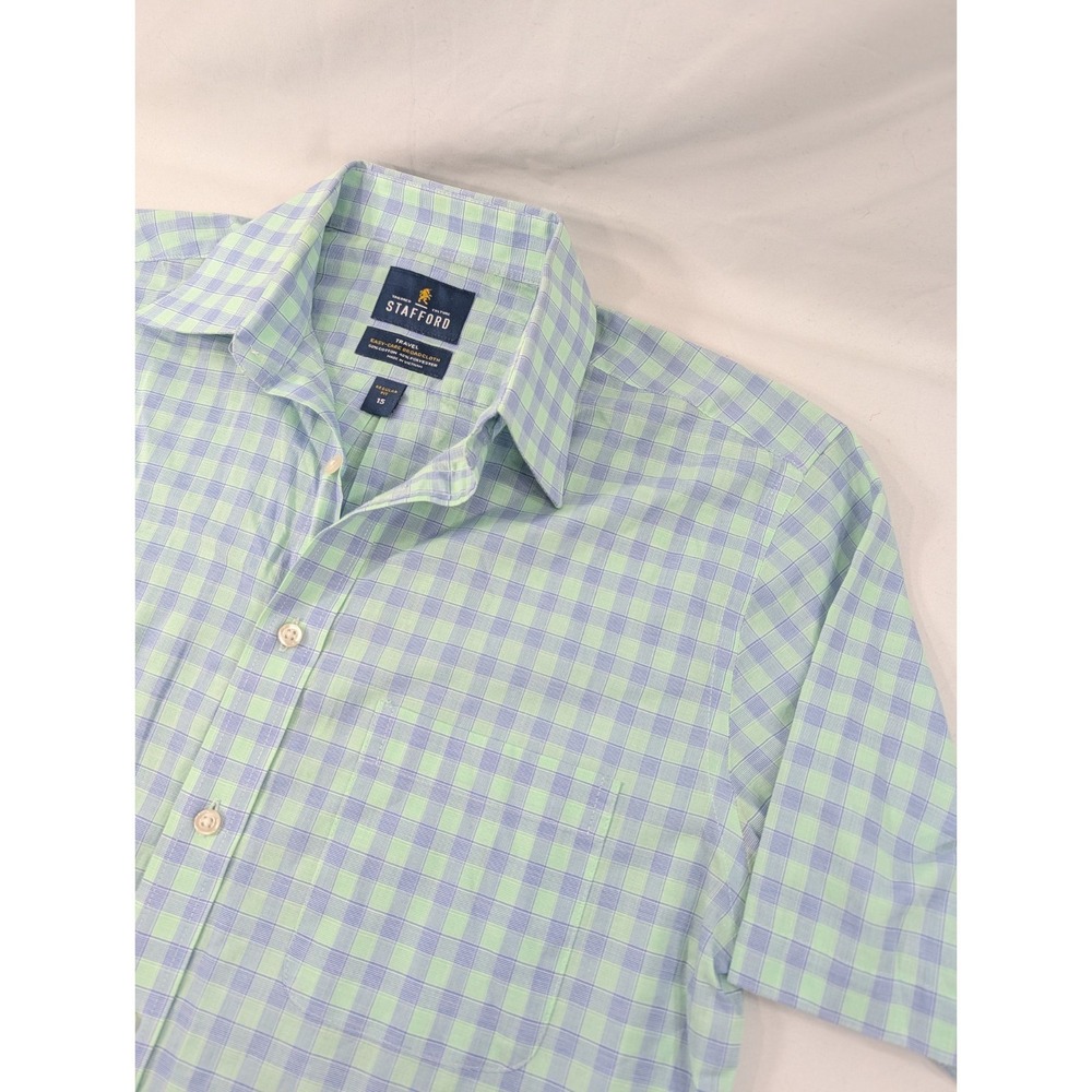 Stafford Travel Green & Blue Check Short Sleeve Button-Down Cotton Shirt 15